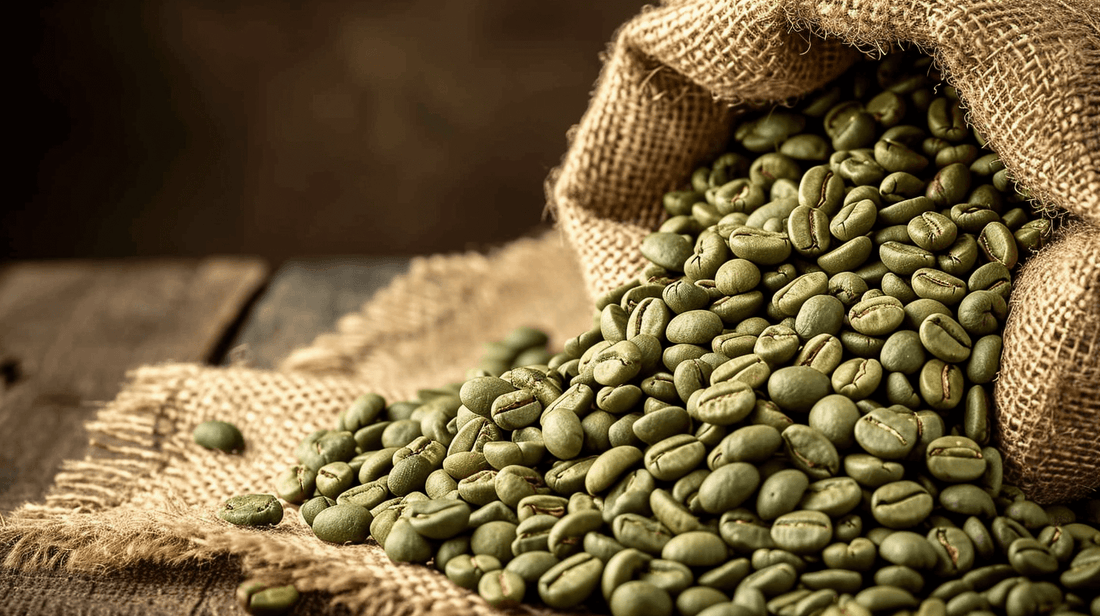 A burlap bag of green coffee beans