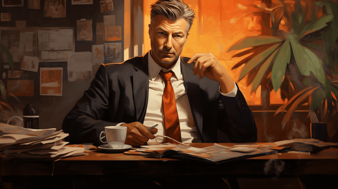 Alec Baldwin drinking coffee in the office