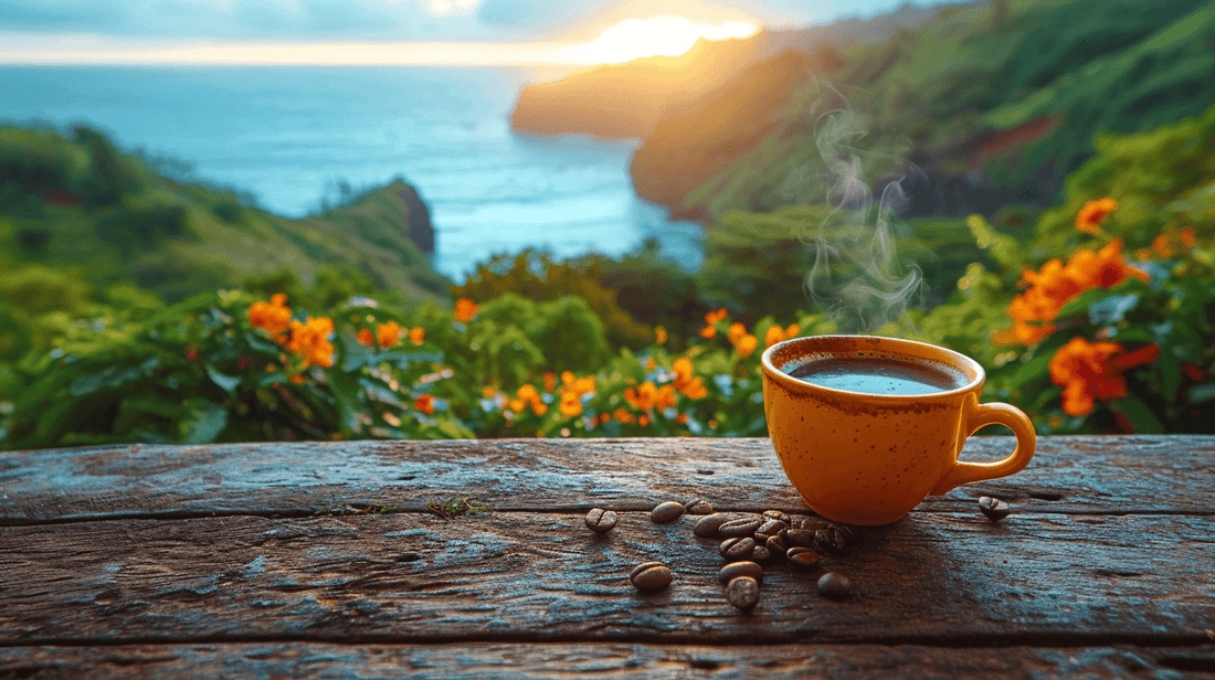 Aa steaming cup of coffee placed with a scenic view of Hawaii