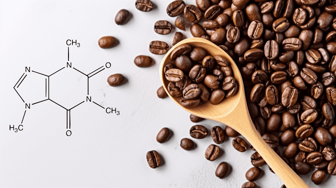 Coffee beans in  a spoon on table with chemical equation