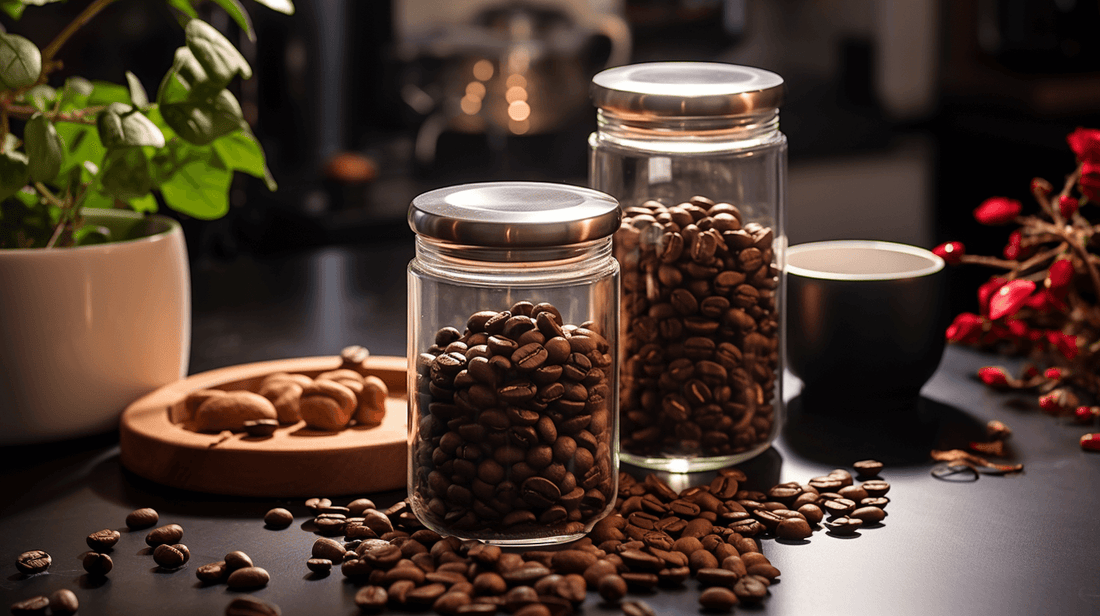 Coffee beans stored in jar on a kitchen counter