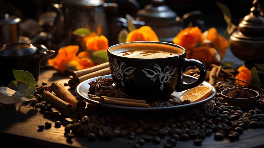 Coffee cup surrounded by spices