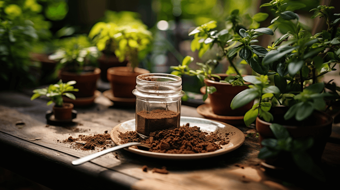 Coffee grounds on rustic table in a garden with plants