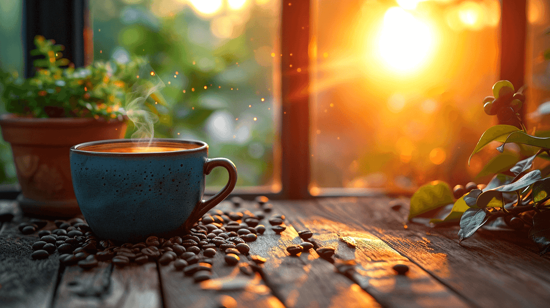 Cup of coffee on a wooden table in the morning