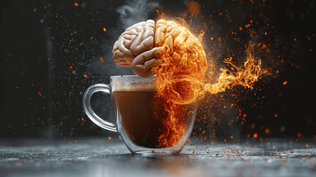 Human brain blending with a coffee cup