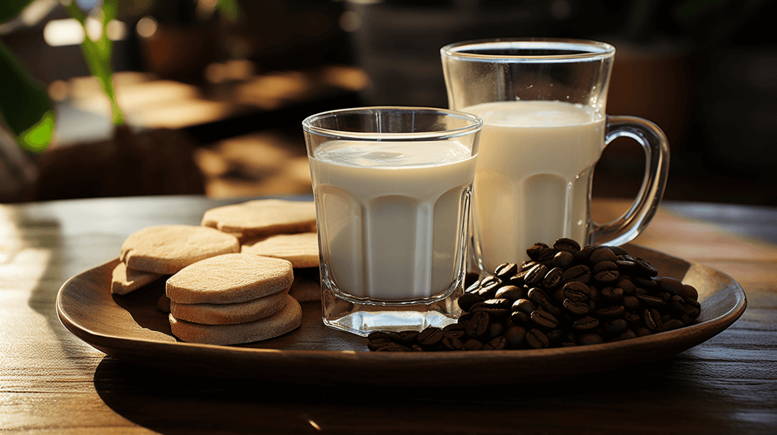 Milk, half and half, cookies and coffee beans on a plate