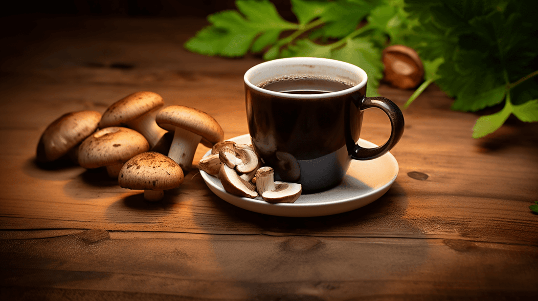 Cup of coffee next to mushrooms on a table