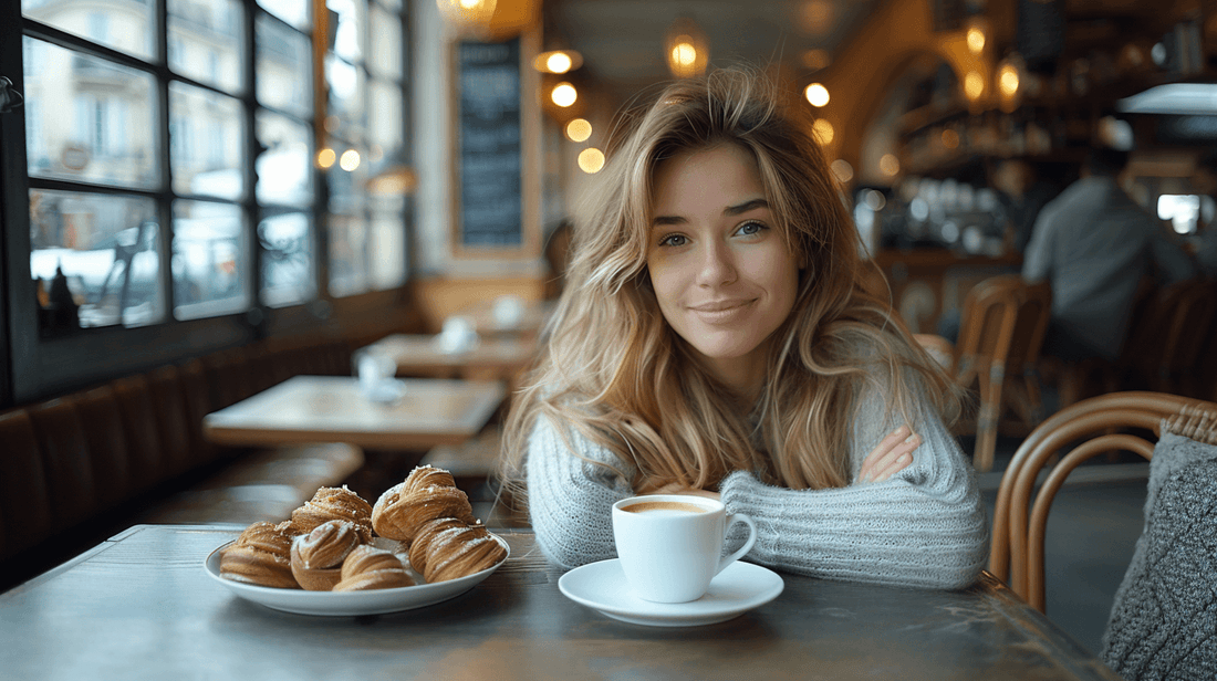 Parisian woman drinking coffee and eating French pastries