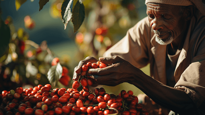 Farmer in Rwanda handpicking coffee beans