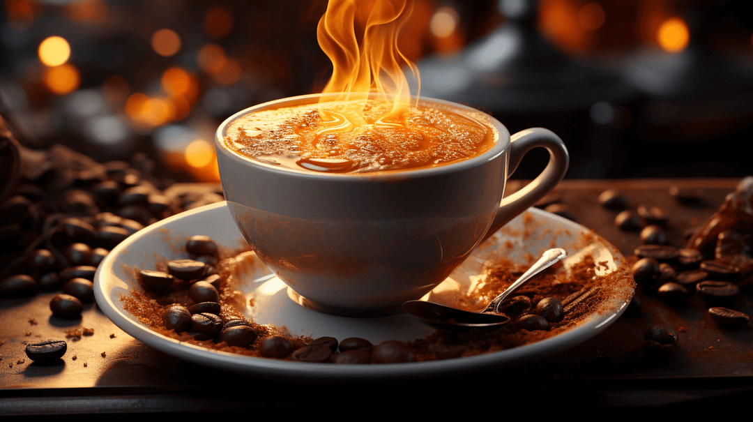 Mesmerizing coffee cup with fire burning in the coffee and beans surrounding the cup